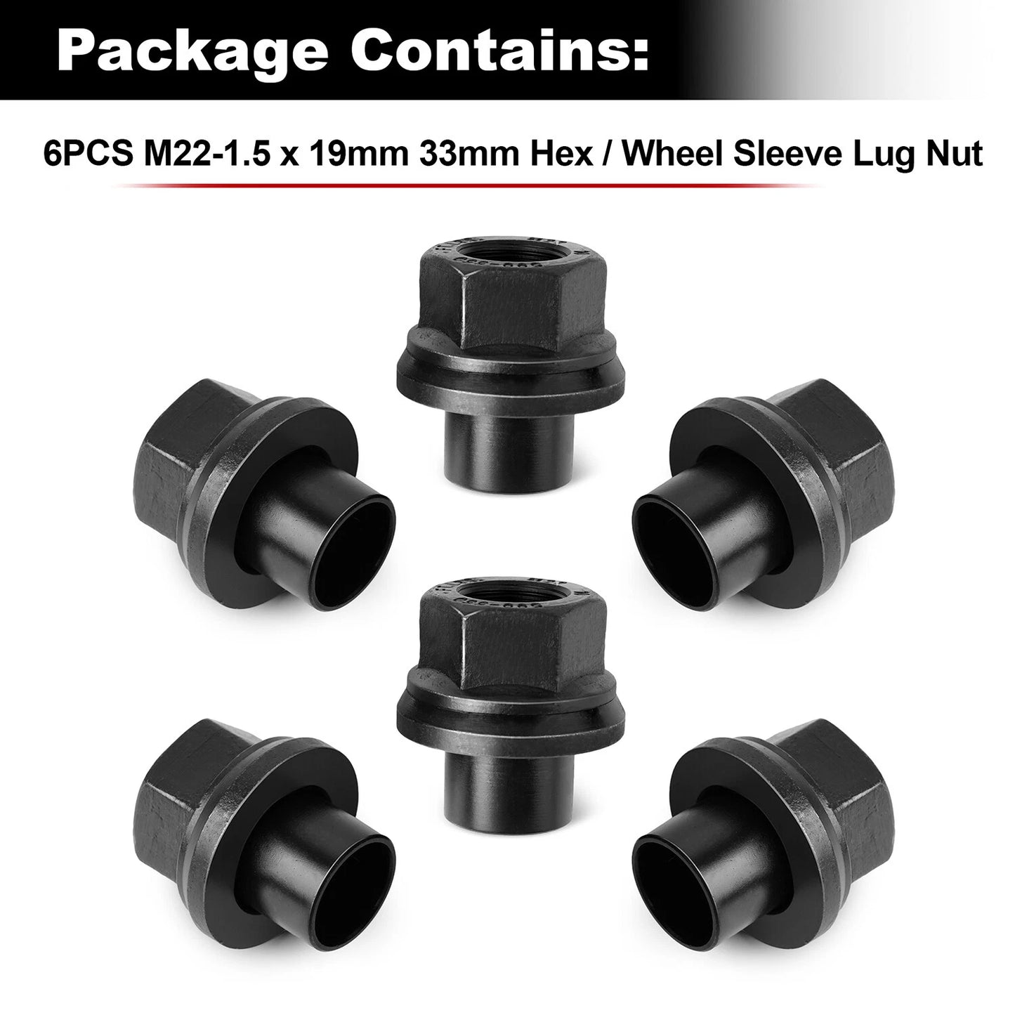 6 Pack 33mm M22x1.5 x 19mm Wheel Nuts Sleeve Nuts M22-1.5x19mm Skirt Flange