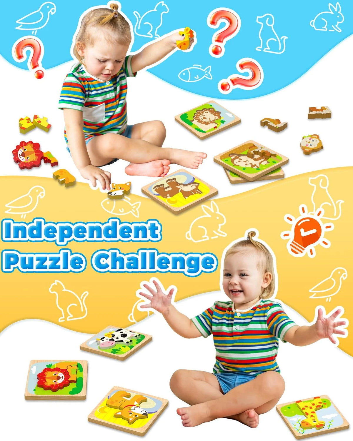 Benresive Wooden Toddler Puzzles, 4pcs Animal Montessori Toys for 1-3 Medium