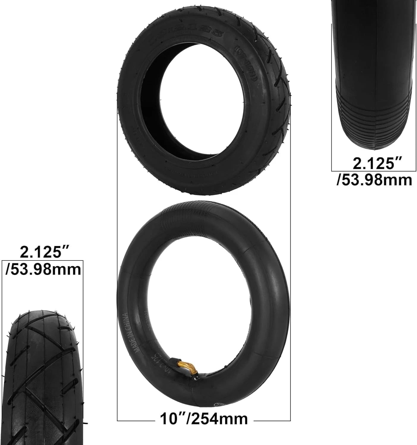 10x2.125 Tire and Inner Tube with 0° Valve Stem Compatible Valve, Black