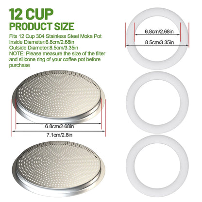 DITOSH 2 Pcs Filter with 3 2 Filter+3 Gasket for 12 Cup, Silver & White