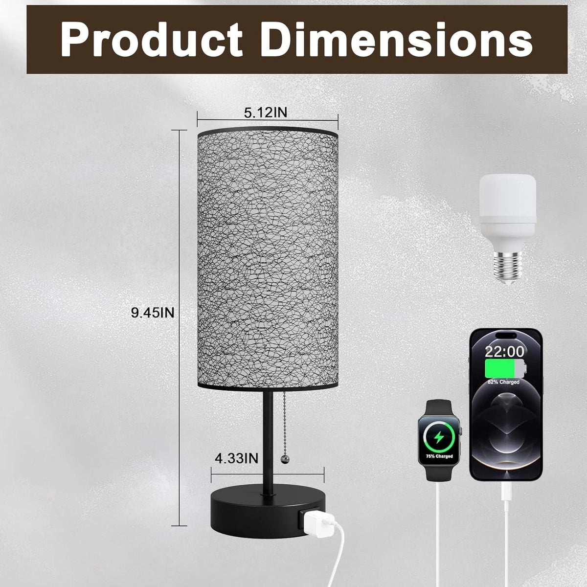 Table Lamp for Bedroom,Nightstand Bedside with AC 2PCS, Black-OnlyAC
