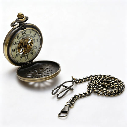 Classic Mechanical Black Steampunk Skeleton Pocket Watch with Chain For Men