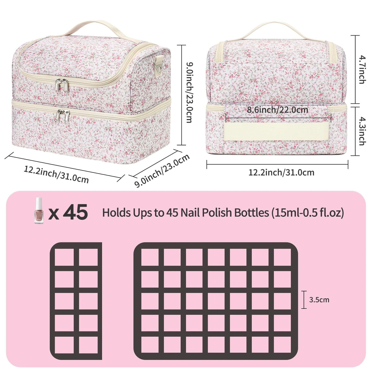 Nail Polish Organizer Bag - Organizers and 45 Slots, Pink Small Flower