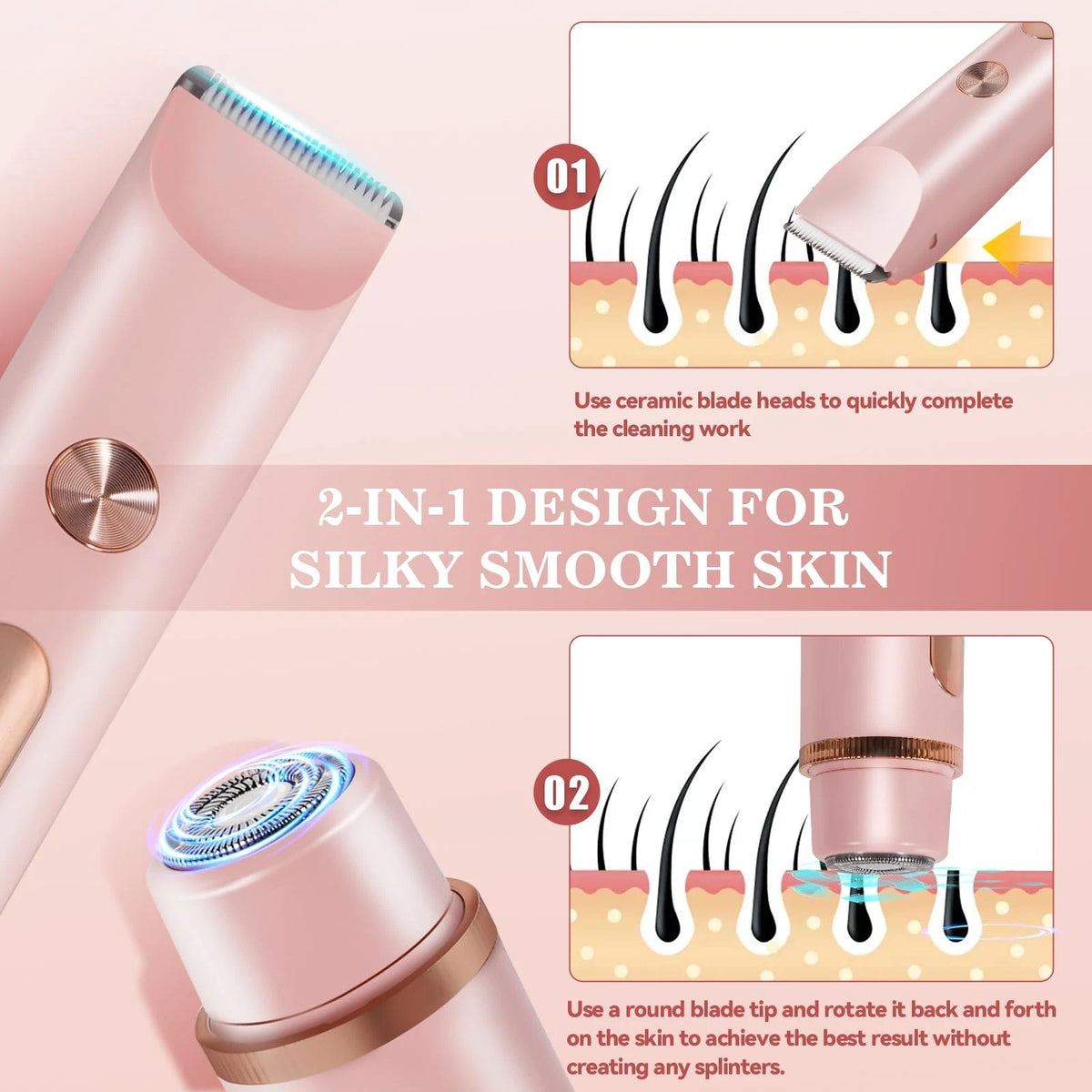 Bikini Trimmer for Women 2in1 High Power Epilators Hair Removal Pink