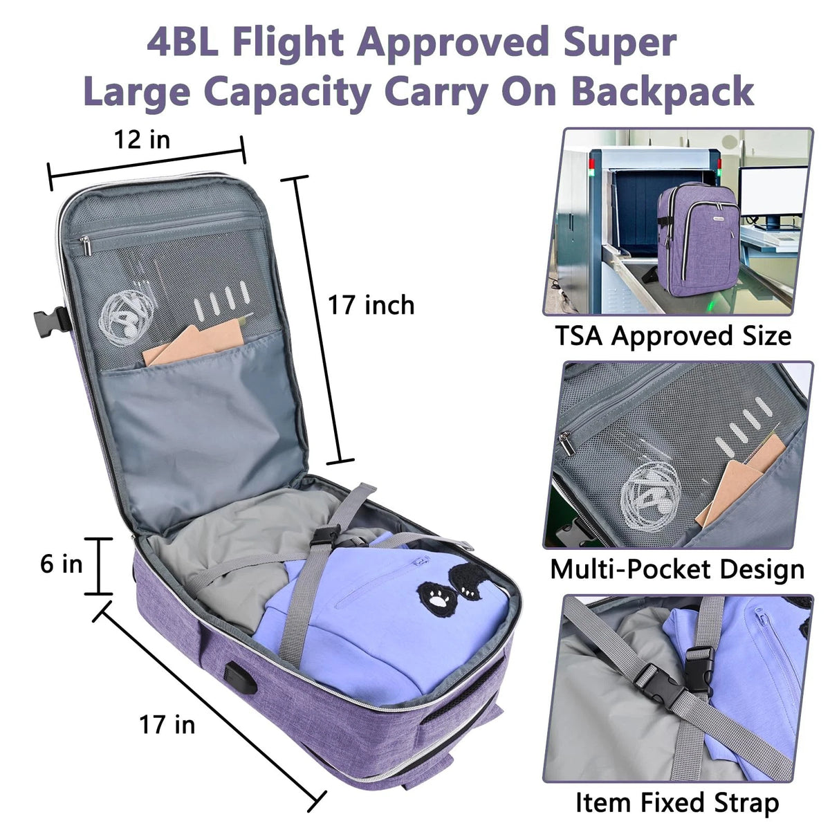 Personal Item Travel Carry On Luggage Backpack for Non-expandable, Purple