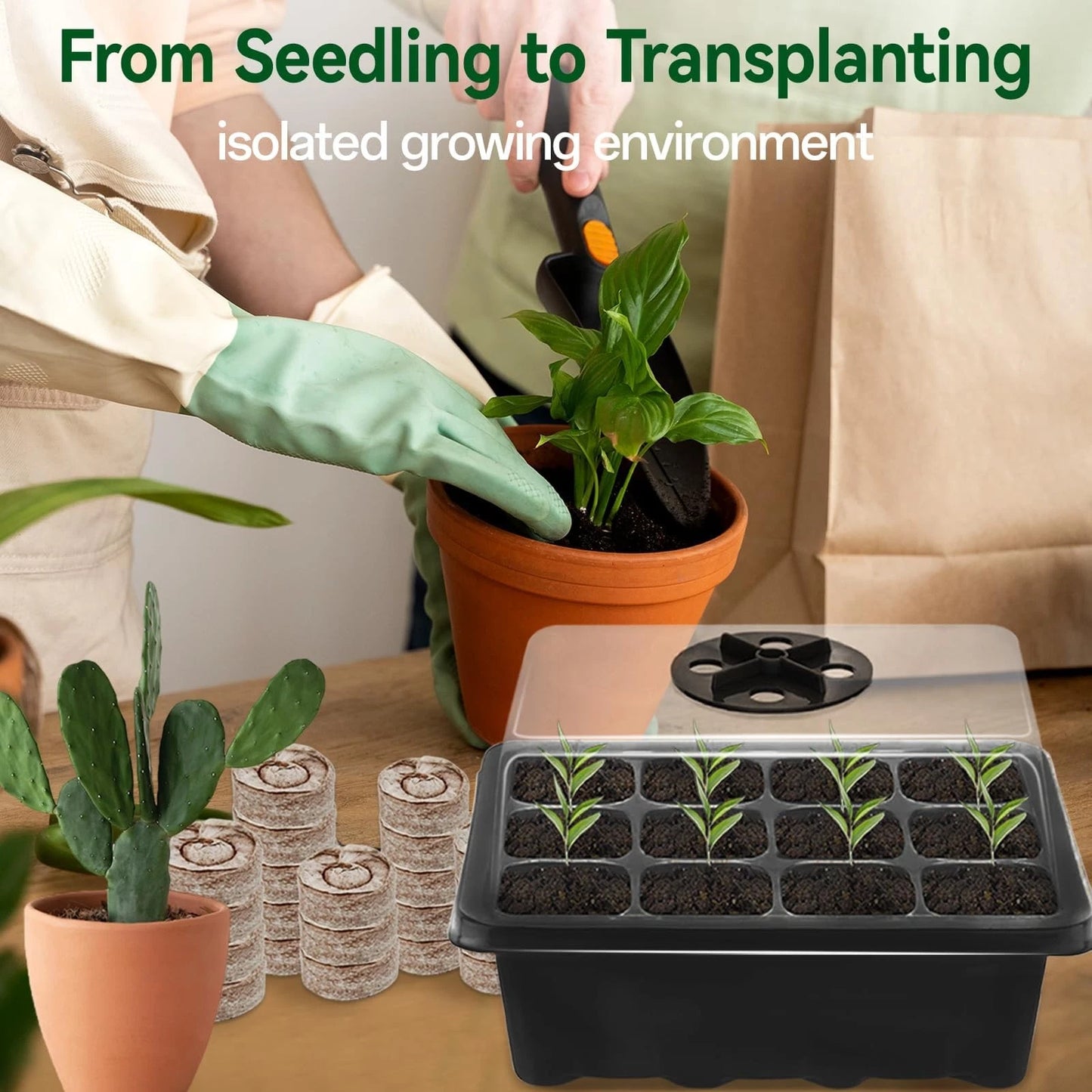 Halatool 4 Pack Seed Starter Tray with 50 PCS Peat 4 Set-black, Black