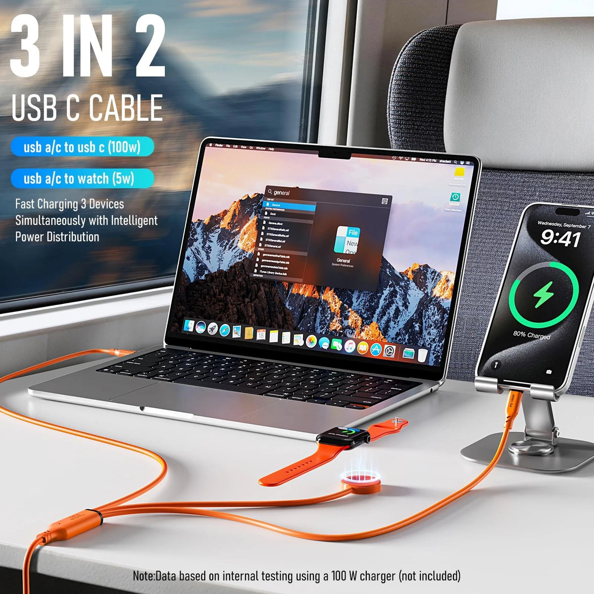 Travel Essentials 3 in 2 Multi Charging Cable 100W USB A/C to Dual Orange
