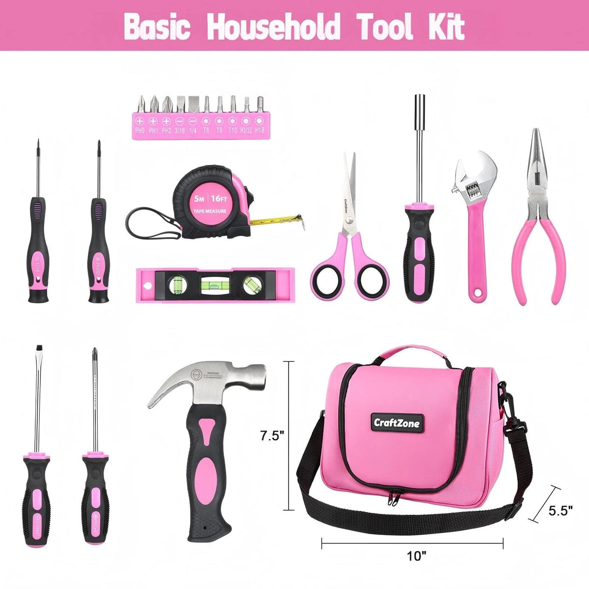 Pink Tool Set | Bag for Women with Shoulder Strap | Basic Large,