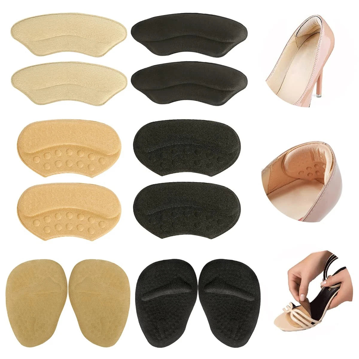 Heel Grips Liner Cushions Inserts for Loose Shoes Pads and Beige+black