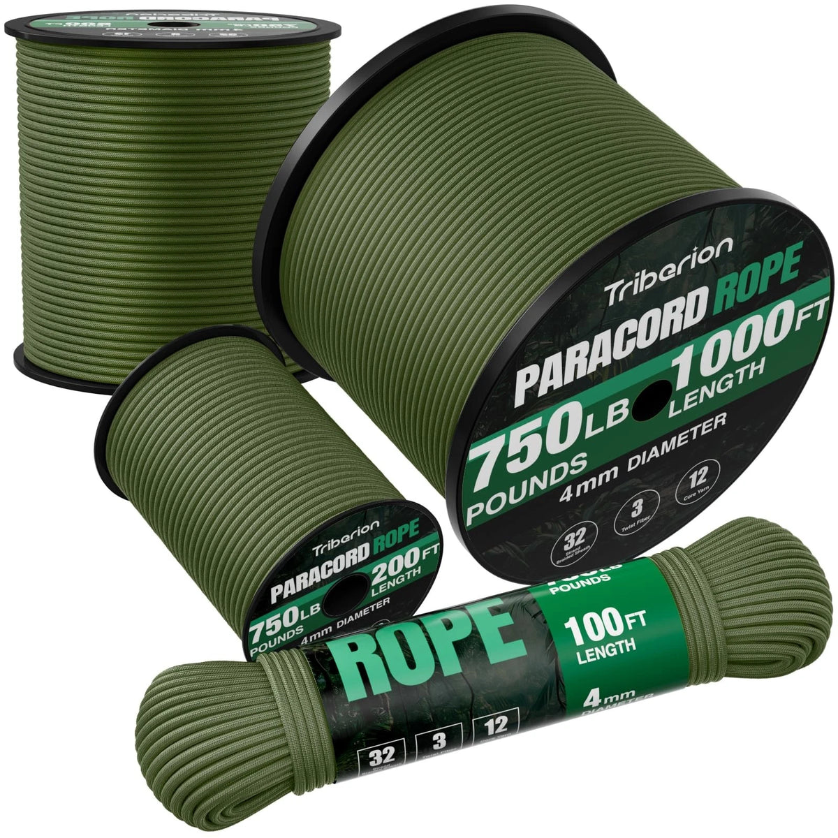TRIBERION Paracord Rope 750 lb - 1000ft / 500ft / 200ft / 100ft, Army Green