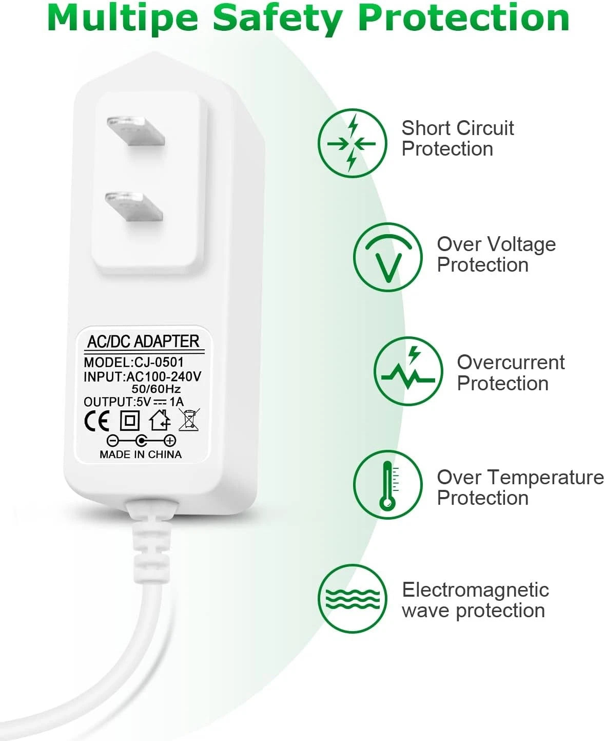 5V 1A Power Supply Adapter Arkare DC Cord AC 100V-240V 1A, White