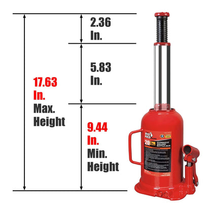 BIG RED T92003B Torin Hydraulic Welded Bottle Jack, 20 Ton (40,000 lbs), Red