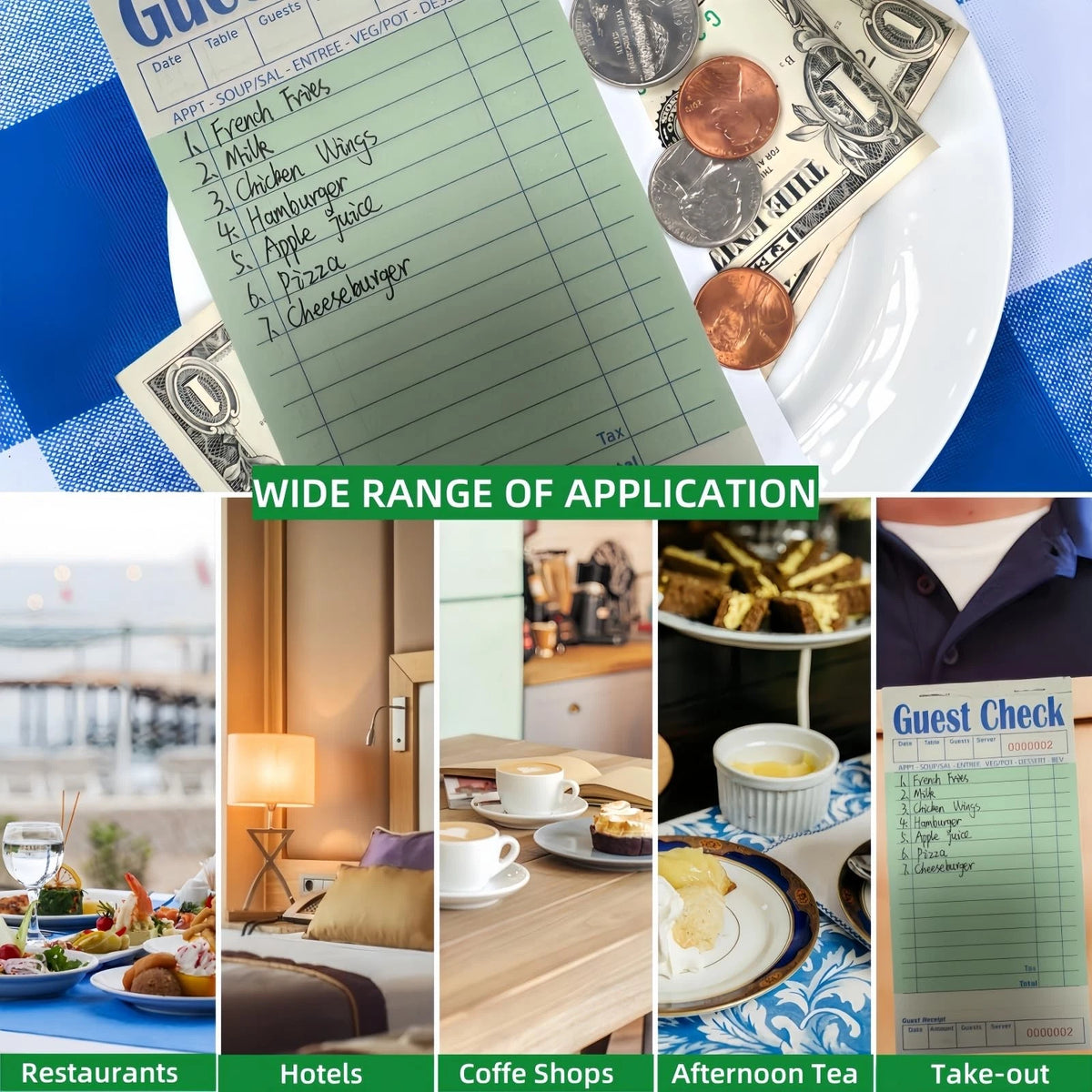 Guest Check Books 6 Pack, Checks for Servers, 6 Pack/300 Sheets, Green