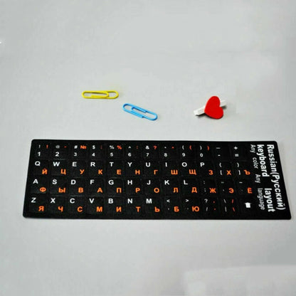 2Pcs Plastic Russian Standard Keyboard Layout Sticker Orange Letters on Black.