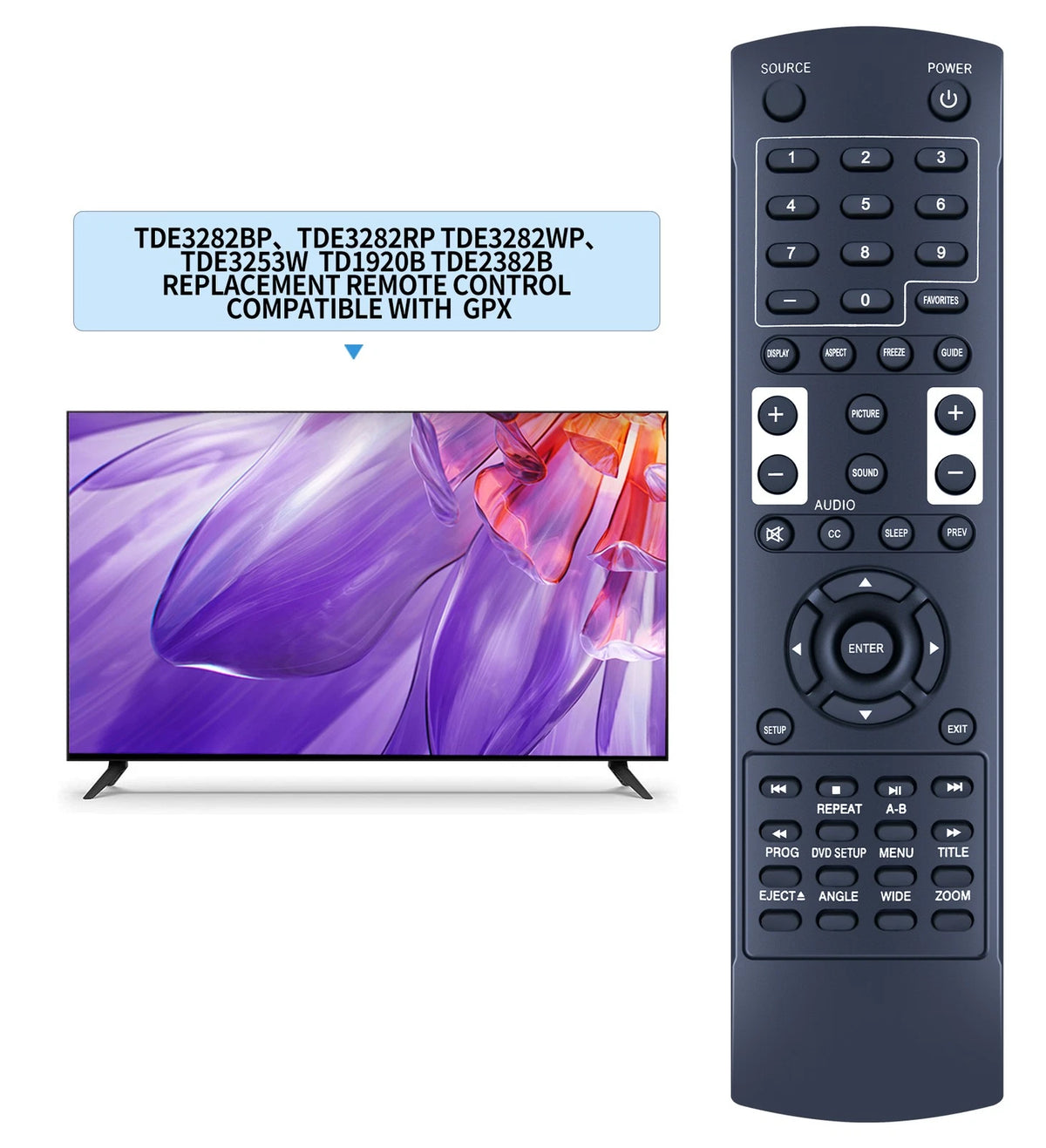 Remote Control For GPX TV TDE3282BP, TDE3282RP, TDE3282WP, TDE3253W