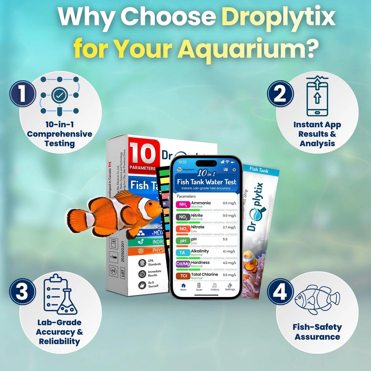 DROPLYTIX Digital Aquarium Water Test Kit, App-Enabled 10-in-1 Freshwater &...