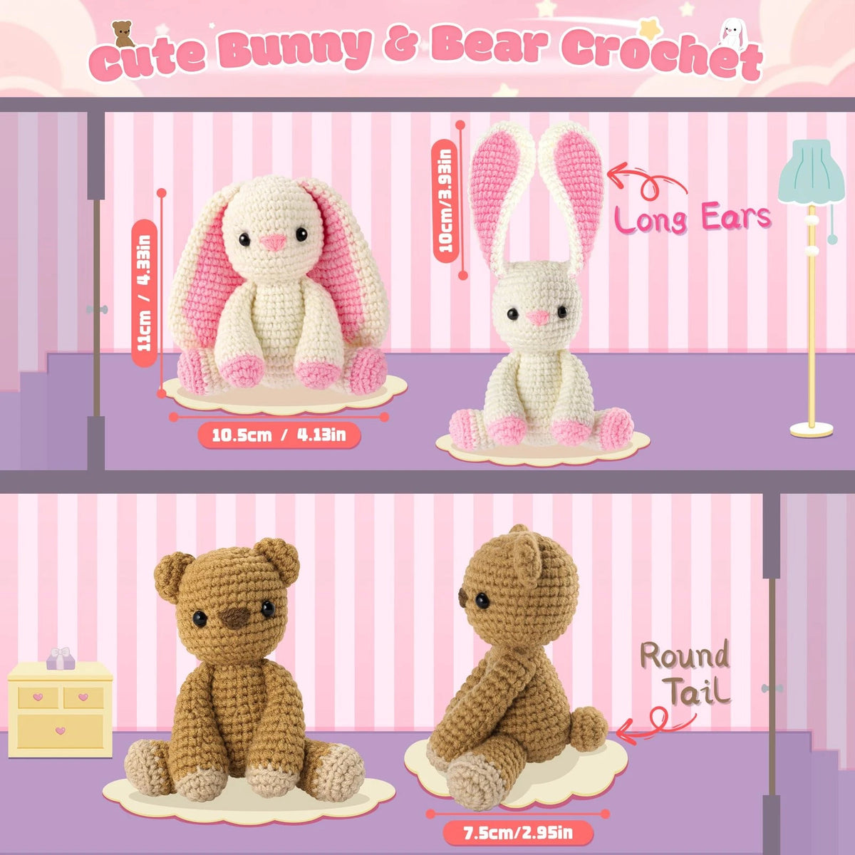 Crochet Kit for Beginners, Bunny and Bear Pink Rabbit Brown