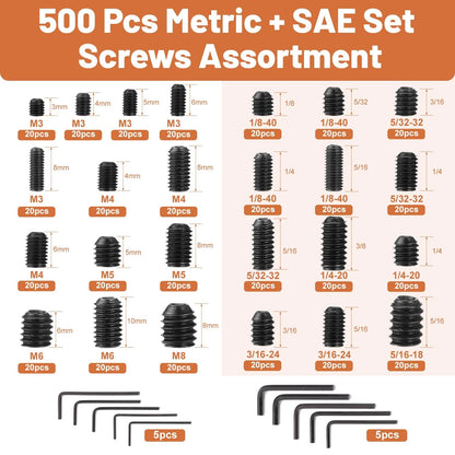 500 Pcs 25 Size Set Screws M3-M8, 1/8-40 to 5/16-18, Black-Metric&SAE-500