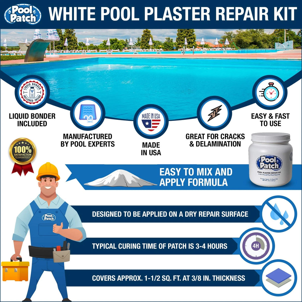Pool Patch White Plaster Repair Kit (3lb) – Professional 3-Pound,