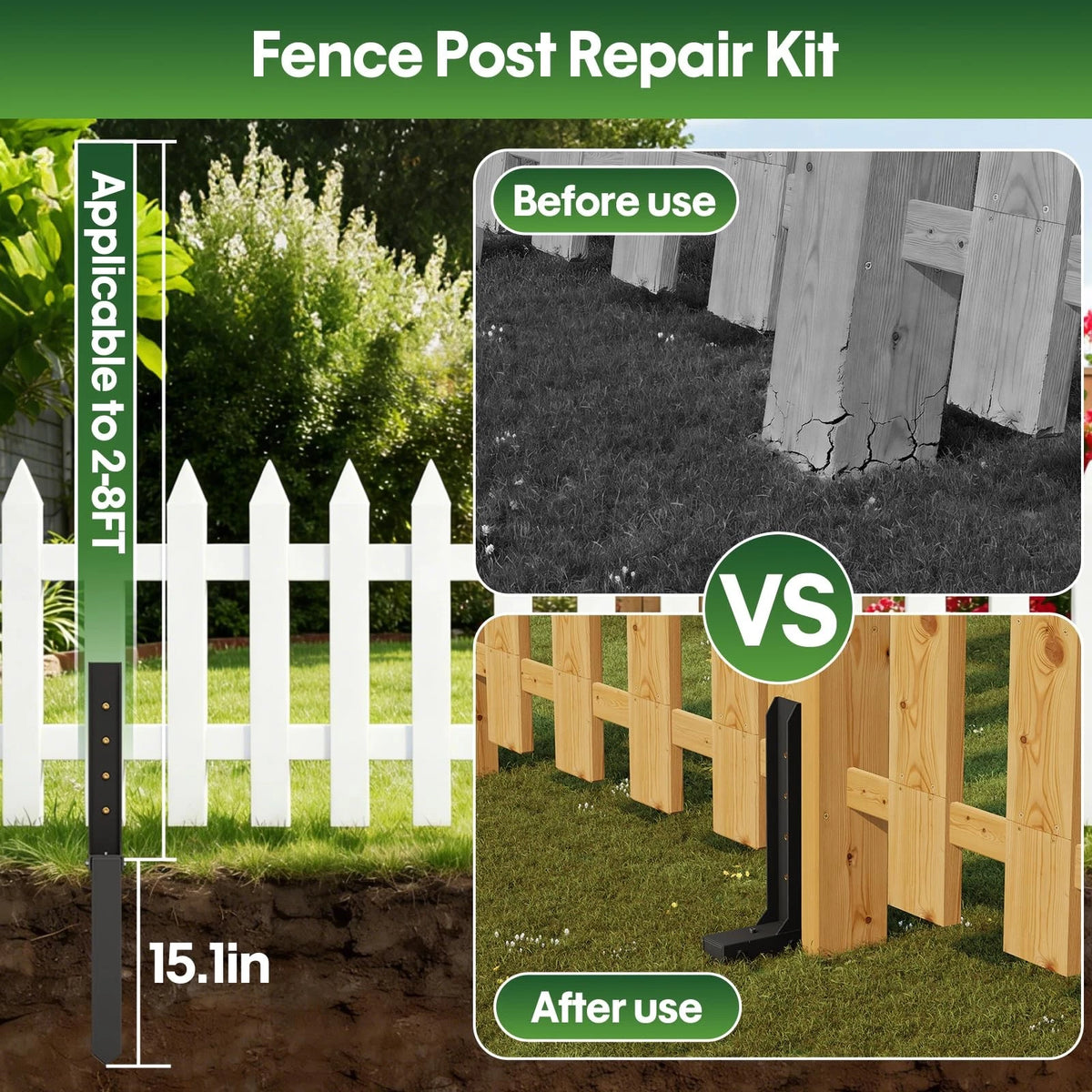 Fence Post Repair Kit 1 Pack, 8mm Double-Layer 29.67"H x 1.8"W, black