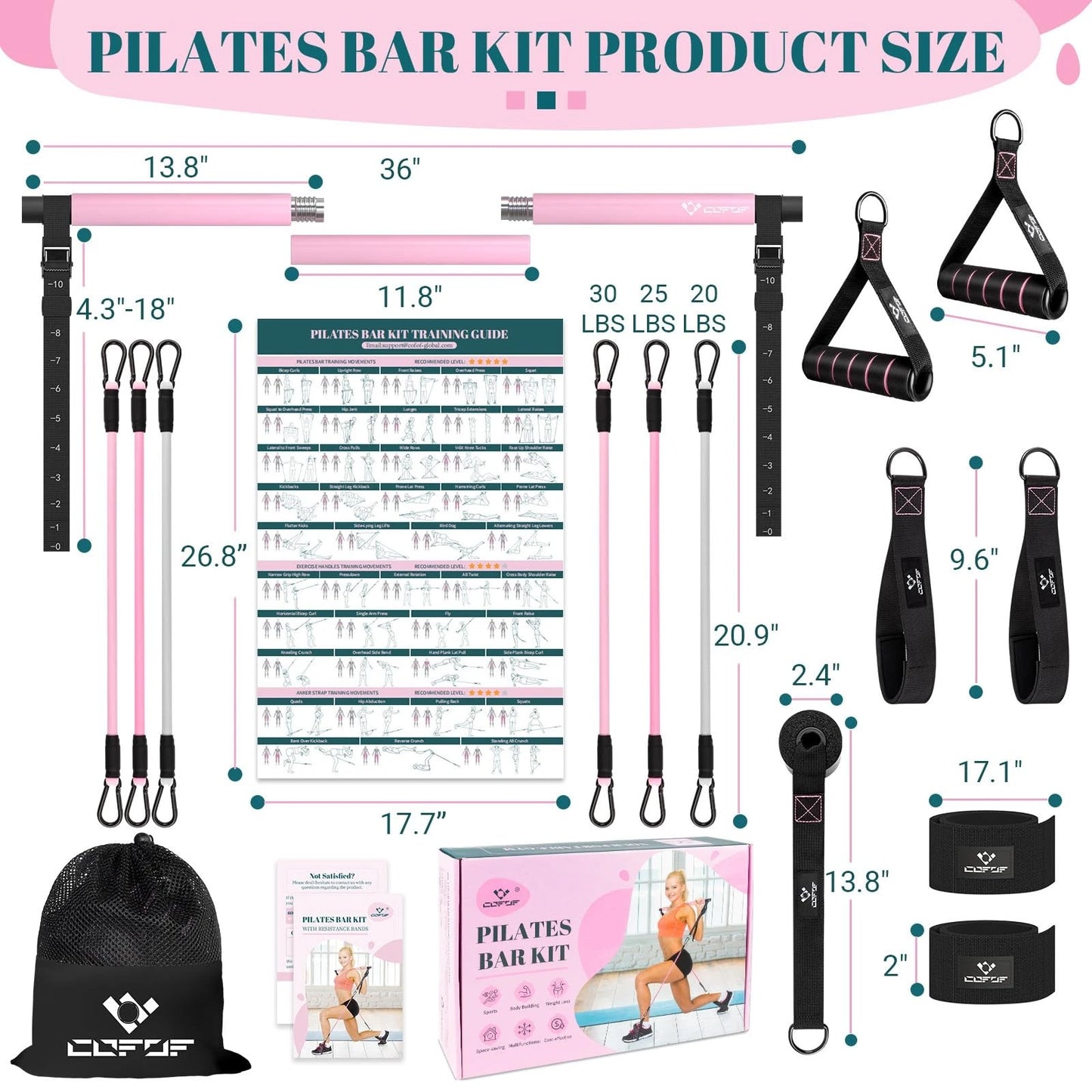 Pilates Bar Kit with Resistance Bands, Multifunctional Yoga One Size, Pink