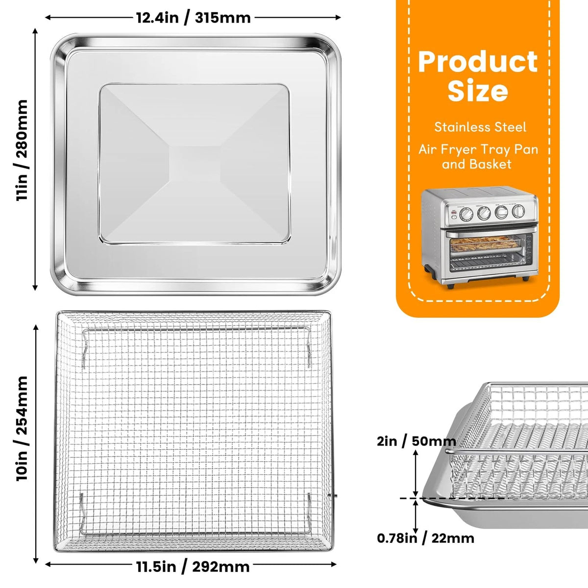 Air Fryer Basket Tray 12.4''x11'' For 1 Set and Basket, Silver