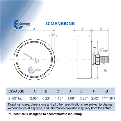 CARBO Instruments 2 1-2" Pressure Gauge, All Stainless Steel Wetted 2- 1/2"