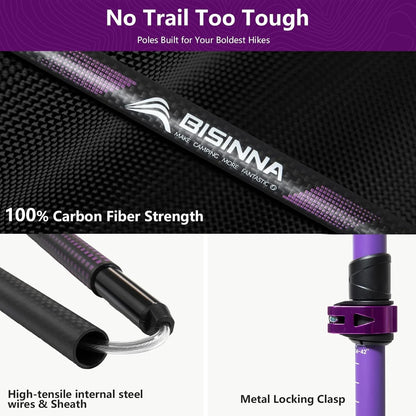 BISINNA Carbon Fiber Trekking Poles Collapsible Hiking 100-115, Purple