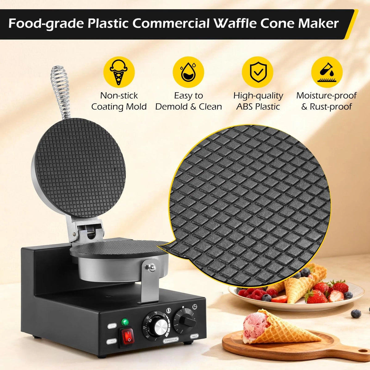 Dyna-Living Waffle Cone Maker Commercial Ice 9.8* 12.6* 21.7 inch, Black