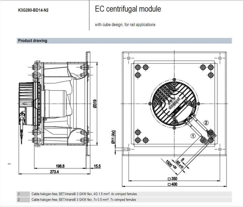 K3G280-BD14-N2 EC Ebmpapst Centrifugal Fan 400VAC 1.4A 900W IP55 3~ Cooling Fan