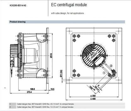 K3G280-BD14-N2 EC Ebmpapst Centrifugal Fan 400VAC 1.4A 900W IP55 3~ Cooling Fan