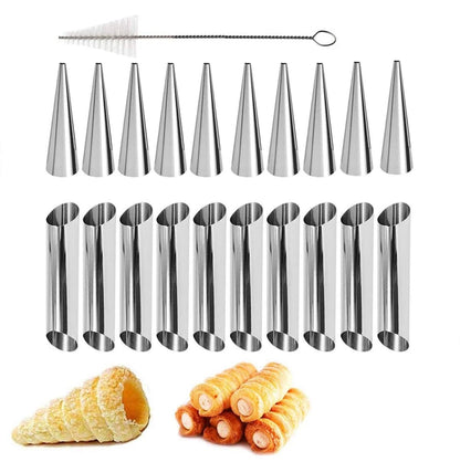 Stainless Steel Cream Horn Molds - 21 Pcs Cannoli Form Tubes & Conical Silver