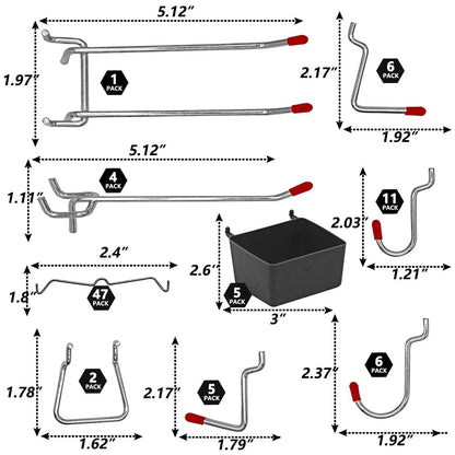 114 pcs Pegboard Hooks Assortment with Metal ['Silver', 'Red', 'Black']
