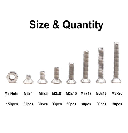binifiMux 360pcs M3 Countersunk Head 304 Stianless Steel, silver