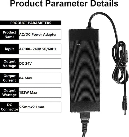 24V 8A Power Supply Adapter, AC to DC Converter 100V-240V 24 Black