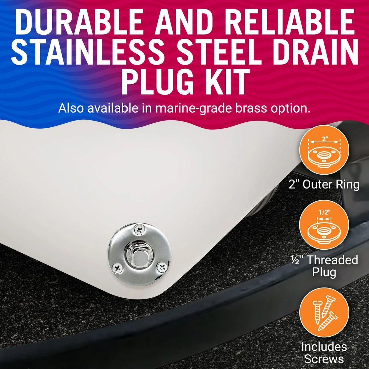 Stainless Steel Boat Drain Plug Kit, 1/2" Threaded Transom Plug, Silver