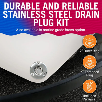 Stainless Steel Boat Drain Plug Kit, 1/2" Threaded Transom Plug, Silver