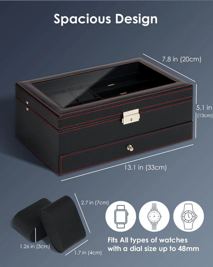 Kukikan Watch Jewelry Box Organizer, 6-Slot 2-Layer Case 6-slot, Black