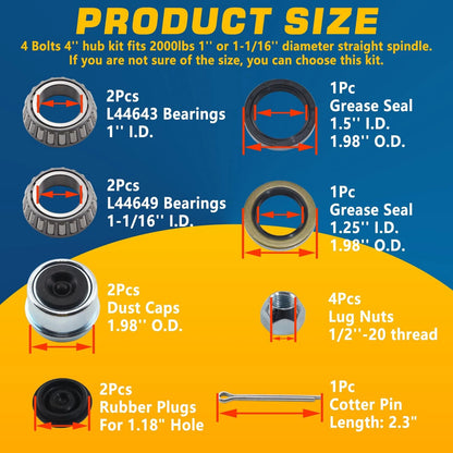 GREPSPUD 1 Set 4 on 4'' Trailer Hub 4x4'' Kit for 2000 lbs Axle - 1Set