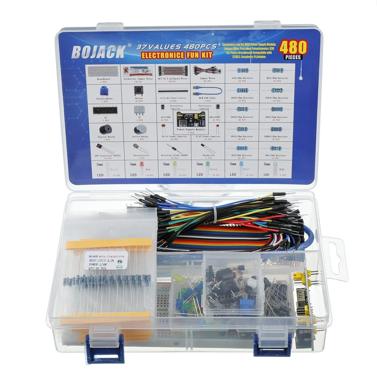 BOJACK 37 Values 480 Pcs Electronics Component Fun Kit with Power Supply...