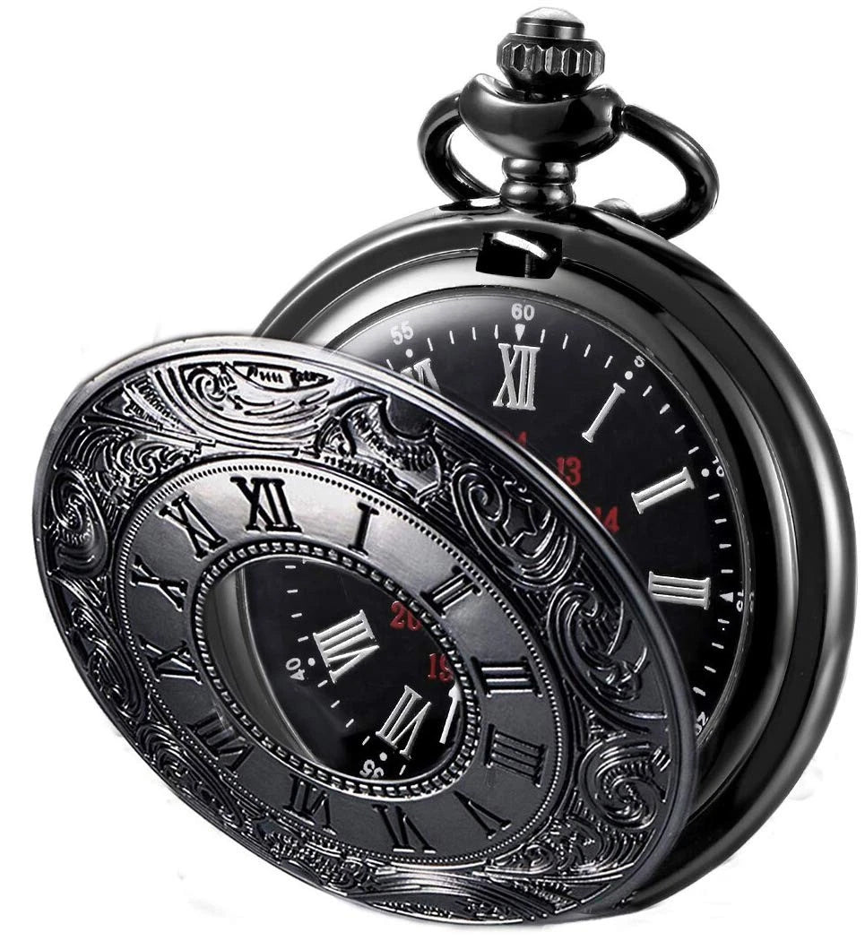 MJSCPHBJK Vintage Pocket Watch for Men Roman Numerals Scale Quartz Black