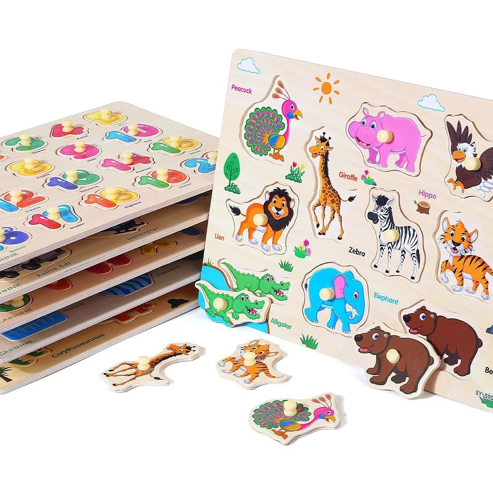 GRINNNIE Wooden Peg Puzzle for 7 inches x 7 x 3 inches, Bright