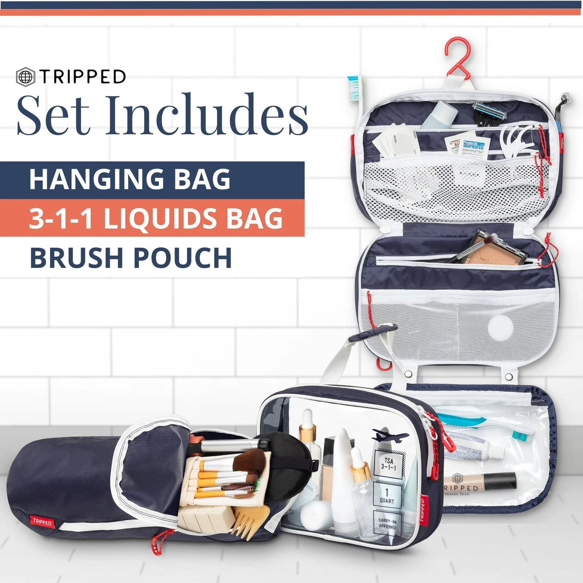 Toiletry Bag Kit Set: Hanging Travel 10 inches x 7 x 1-3 inches, Navy