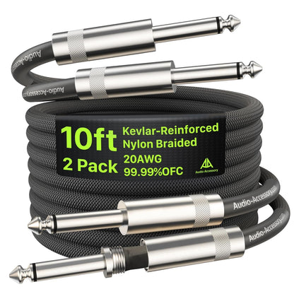 AA AUDIO ACCESSORY Guitar Cable 10 ft 2 Pack, Nylon Braided 10 ft, Black