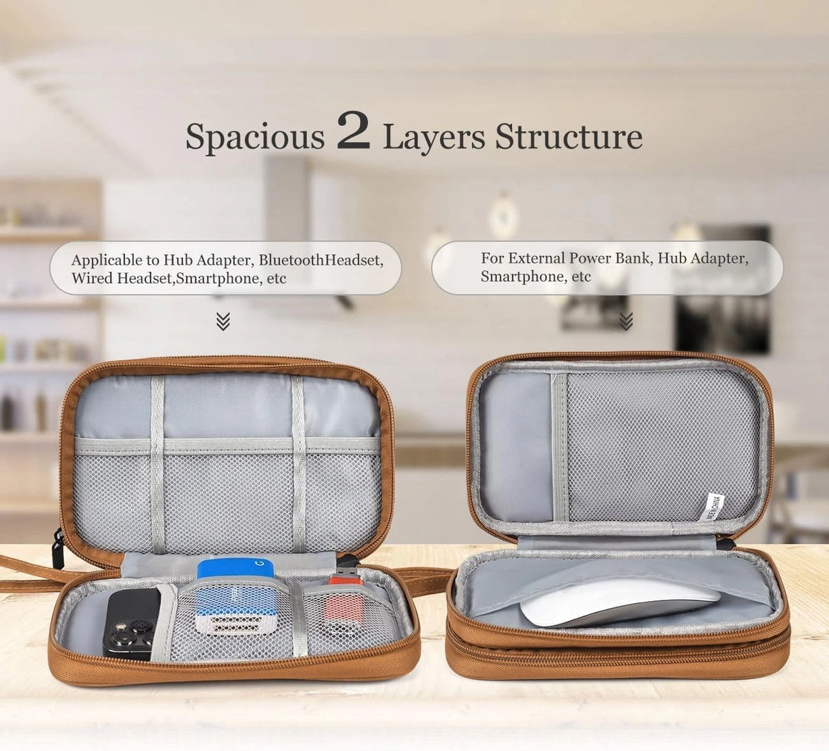 Electronic Organizer Travel Cable Accessories Case, L, Double Layer - Brown