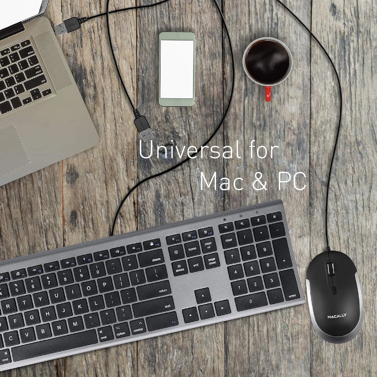 Macally Silent Wired Mouse - Slim & Compact USB Black with Space Gray Trim