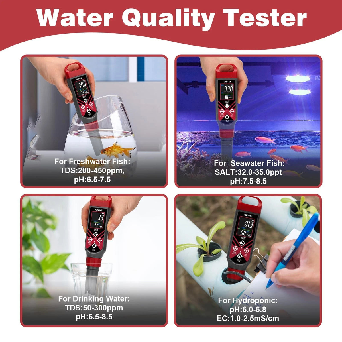 GIDIGI Digital Pool pH Meter Salt Tester 5 in 1 Pen, AAA Battery Black