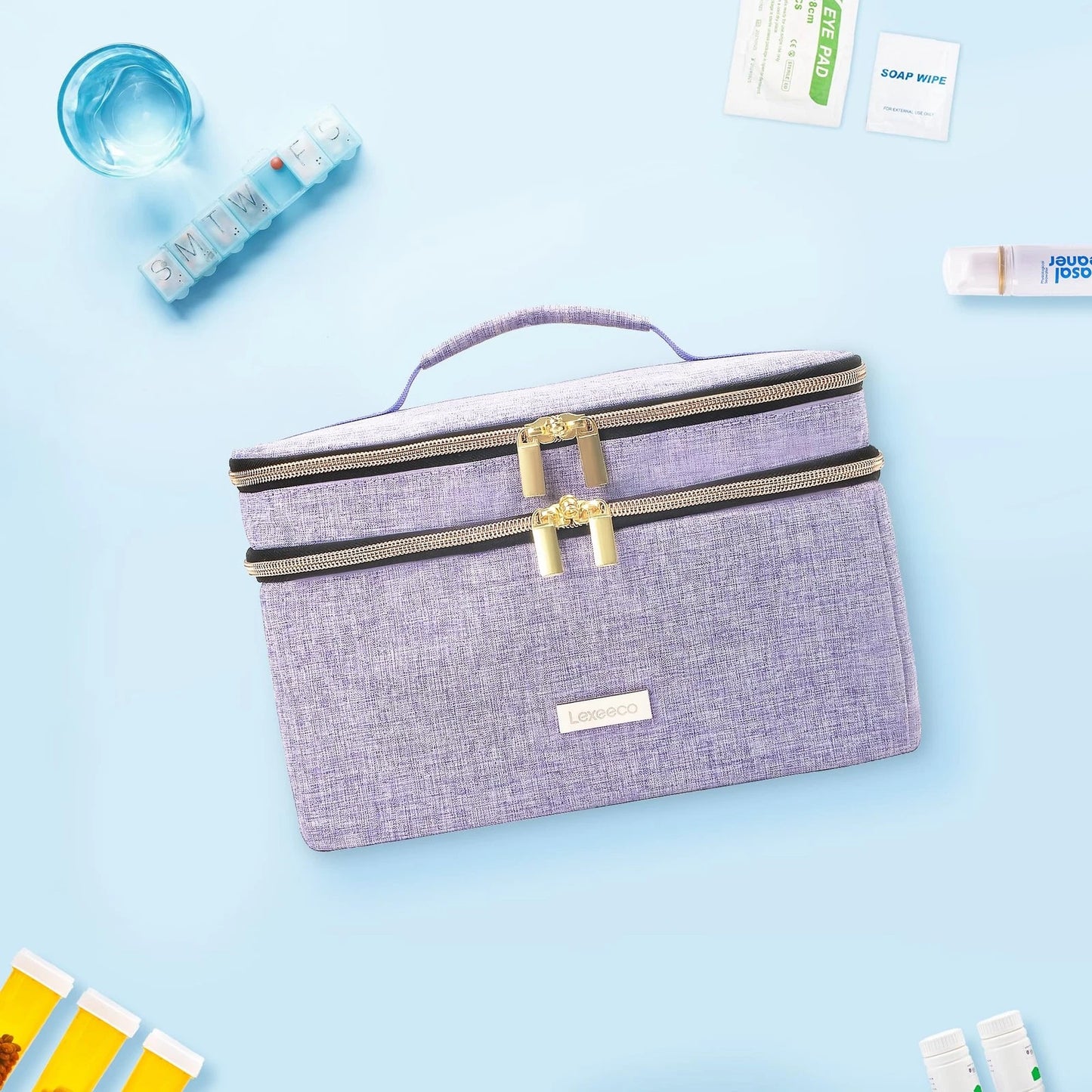 Lexeeco Medicine Storage Bag Pill Bottle Organizer with Small, Purple