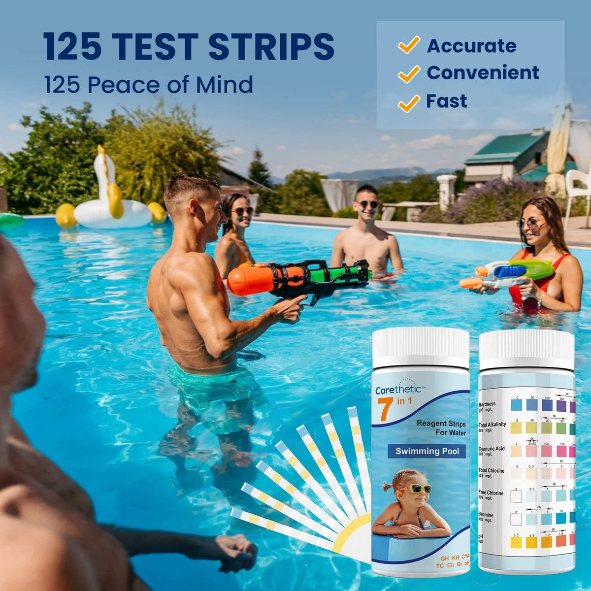 Carethetic 7-in-1 Pool Test Strips, 125 Count & Spa Water Testing Kit...