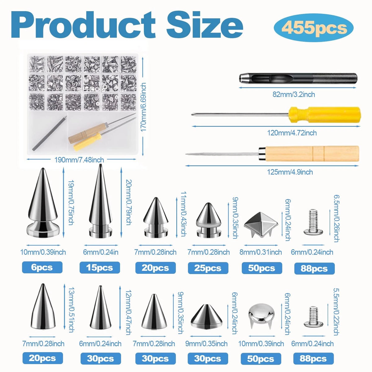 Craluuur 455PCS Punk Spikes and Studs Kit for Clothing, 12 Sizes silver